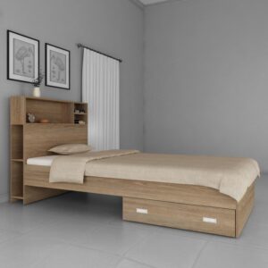 Soltera Single Bed With Headboard Storage & Drawer in Oak Finish